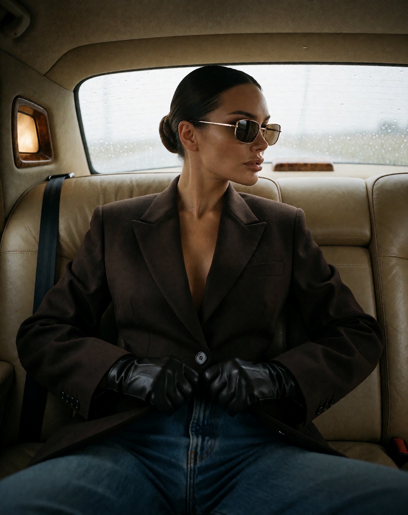 Miss Alice in a brown tailored blazer and leather gloves in the back of a car